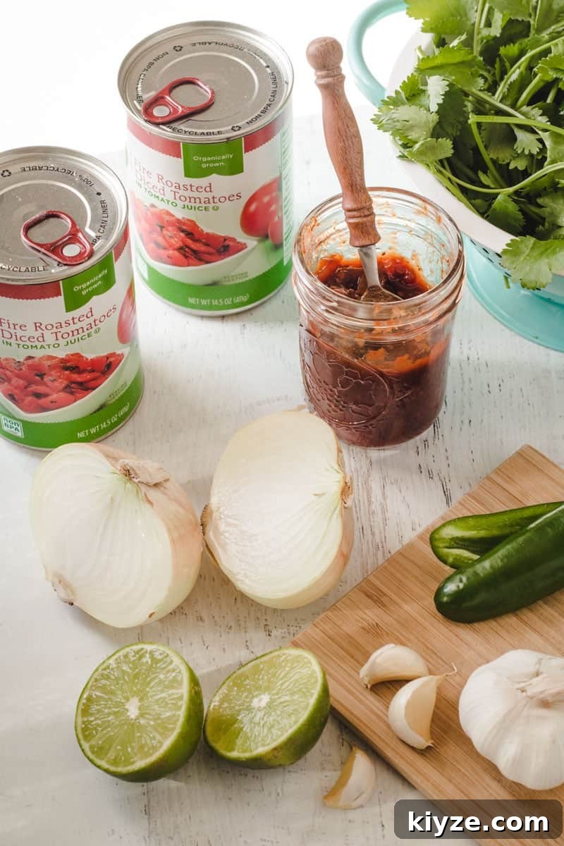 Ingredients for easy salsa: canned tomatoes, lime, chipotles, onion, garlic, and cilantro.