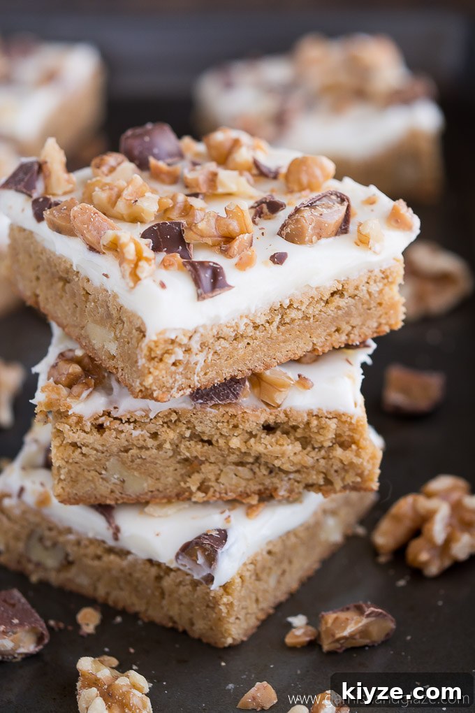 Cream Cheese Blondie Bars Recipe — Gooey, Chewy Dessert Bars 2 Cream Cheese Blondie Bars with cream cheese frosting, walnuts and Heath toffee