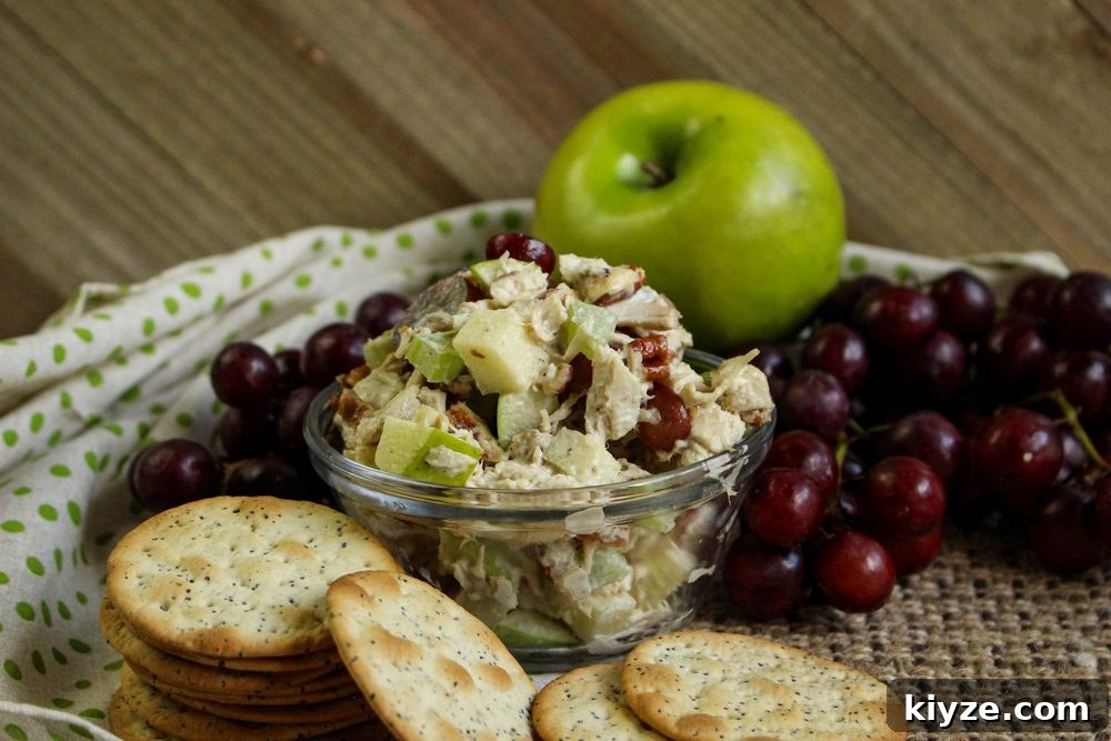 Chicken Salad with Grapes, Apples & Pecans — Light Recipe 6 small bowl of Healthier Chicken Salad with grapes, apples and pecans with crackers and grapes and an apple beside it