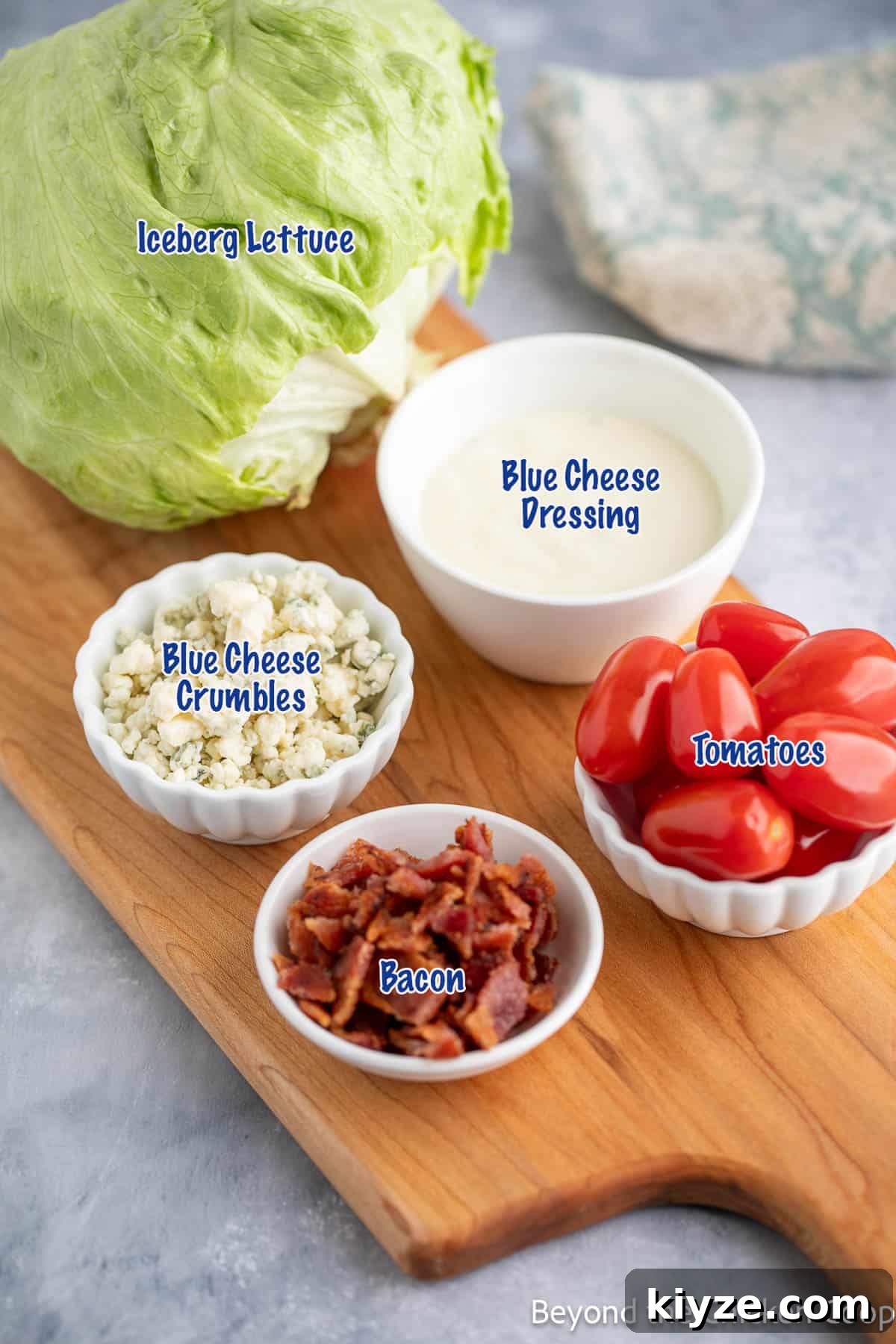 Classic Blue Cheese Wedge Salad with Crispy Bacon and Dressing 3 Ingredients for making a wedge salad.