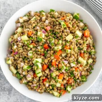 Lentil Salad in a white bowl.