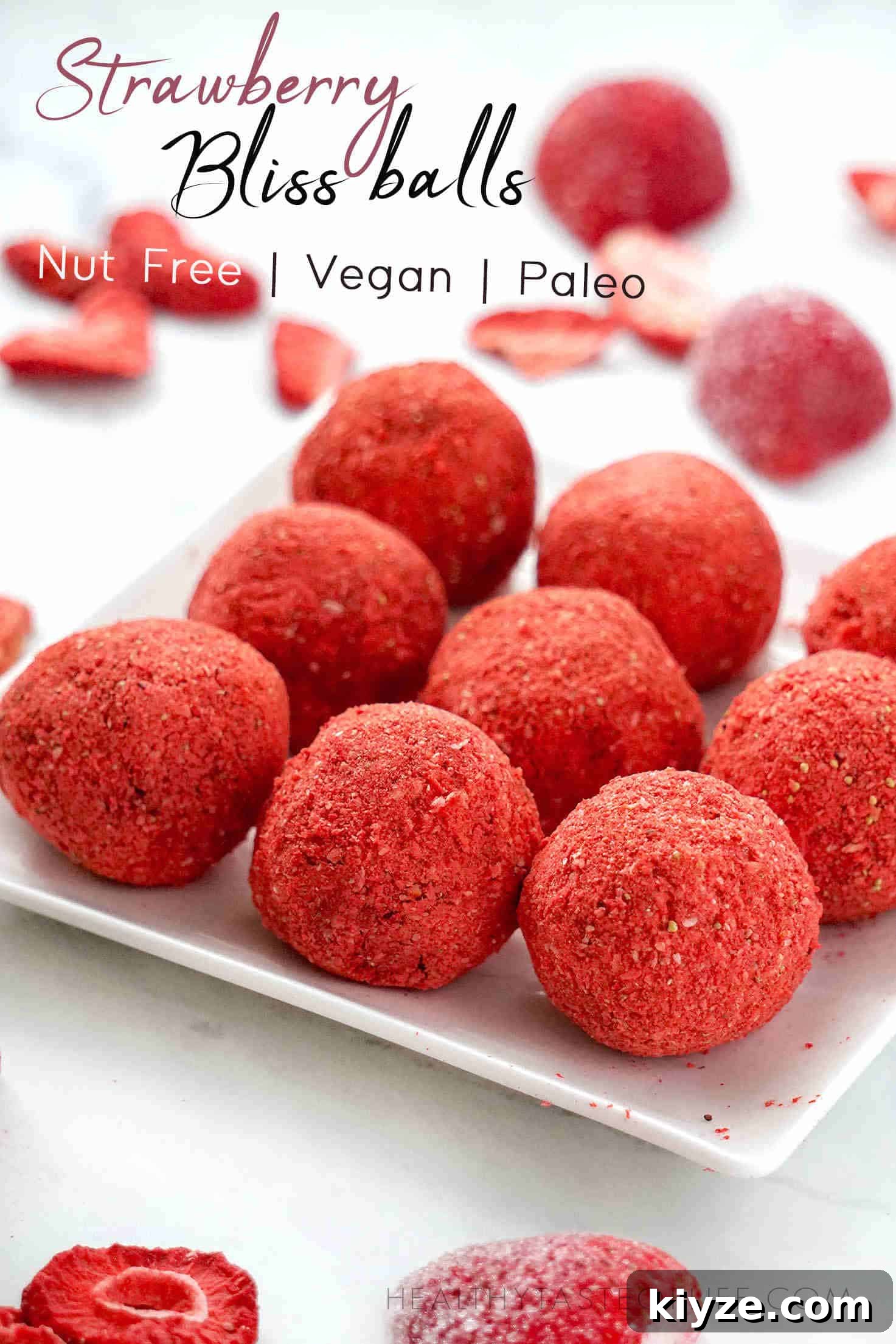 Nut-Free Paleo Strawberry Bliss Balls 2 Healthy Strawberry bliss balls - nut free, gluten free, vegan - full of fiber, healthy fats, protein and strawberry flavor