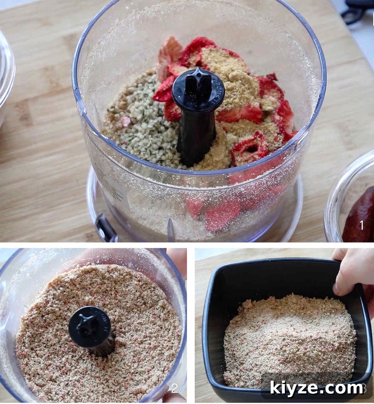 Nut-Free Paleo Strawberry Bliss Balls 4 Process showing how to make strawberry bliss balls