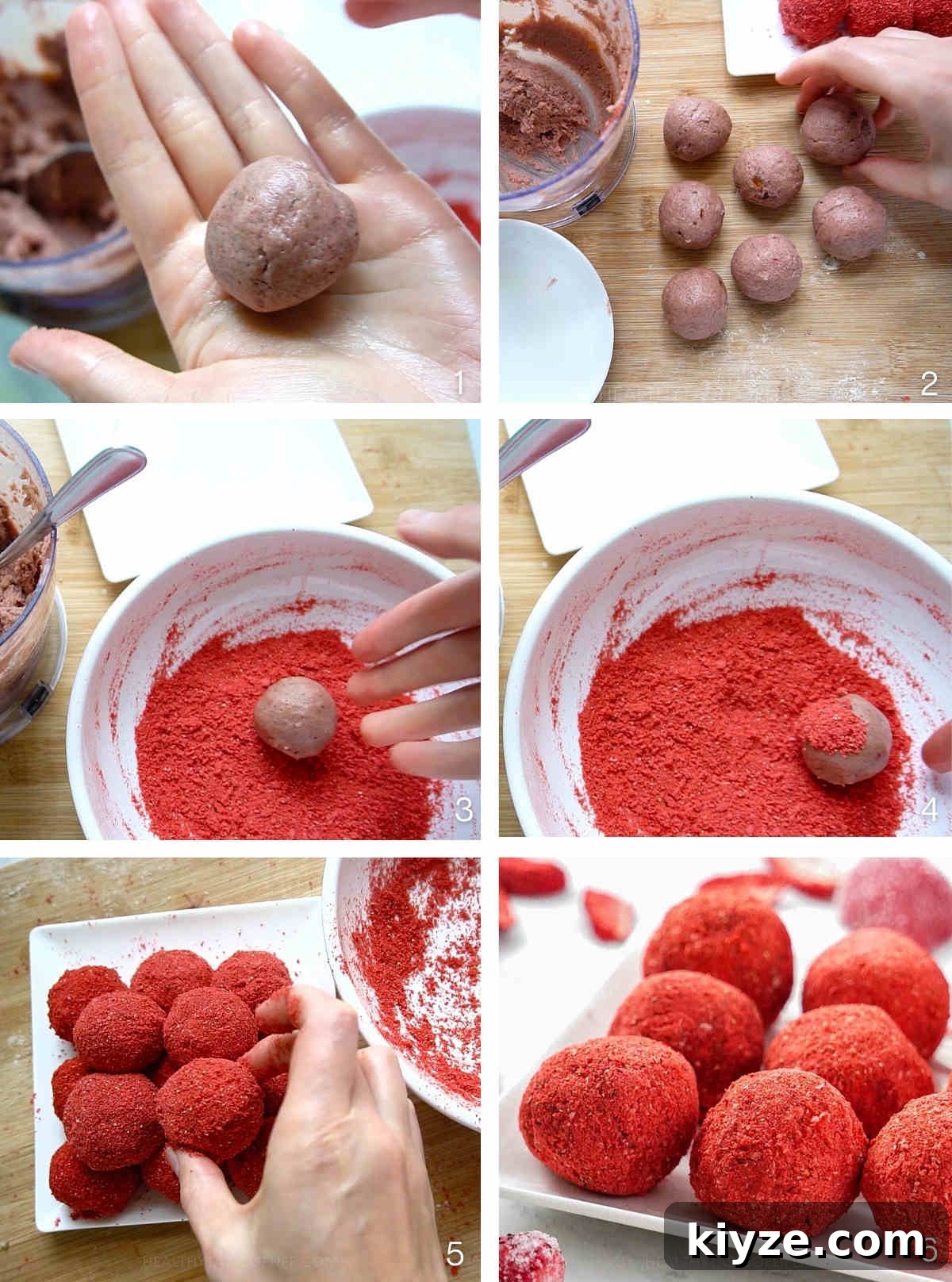 Nut-Free Paleo Strawberry Bliss Balls 6 Process showing bliss balls coated with strawberry powder