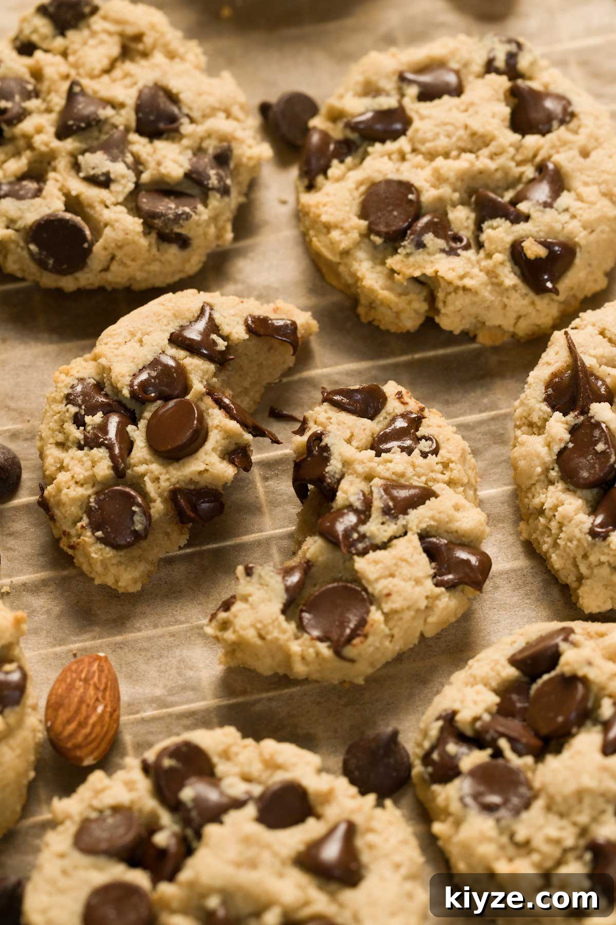Almond Flour Chocolate Chip Cookies (Gluten-Free Recipe) 9 Gluten-free chocolate chip cookies on a cookie sheet.