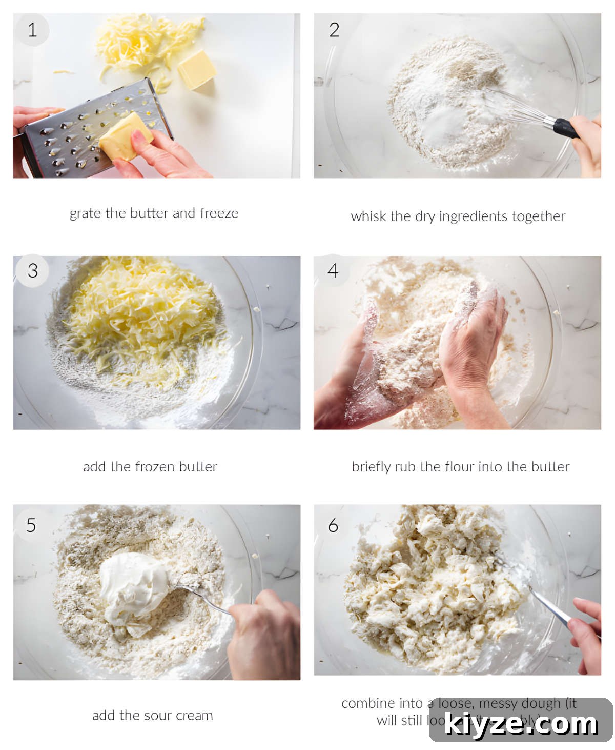 Flaky Sour Cream Biscuits Recipe for Perfect Homemade Biscuits 5 Grating frozen butter and mixing it with flour and sour cream for biscuits.