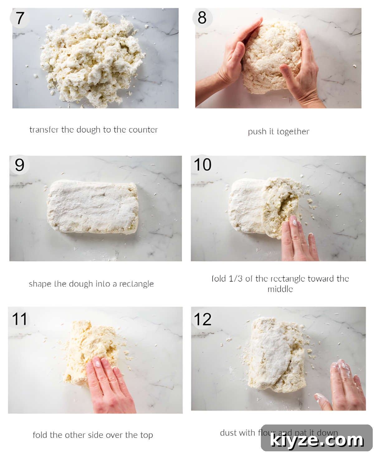 Flaky Sour Cream Biscuits Recipe for Perfect Homemade Biscuits 6 Hands demonstrate shaping and folding biscuit dough on a floured counter.