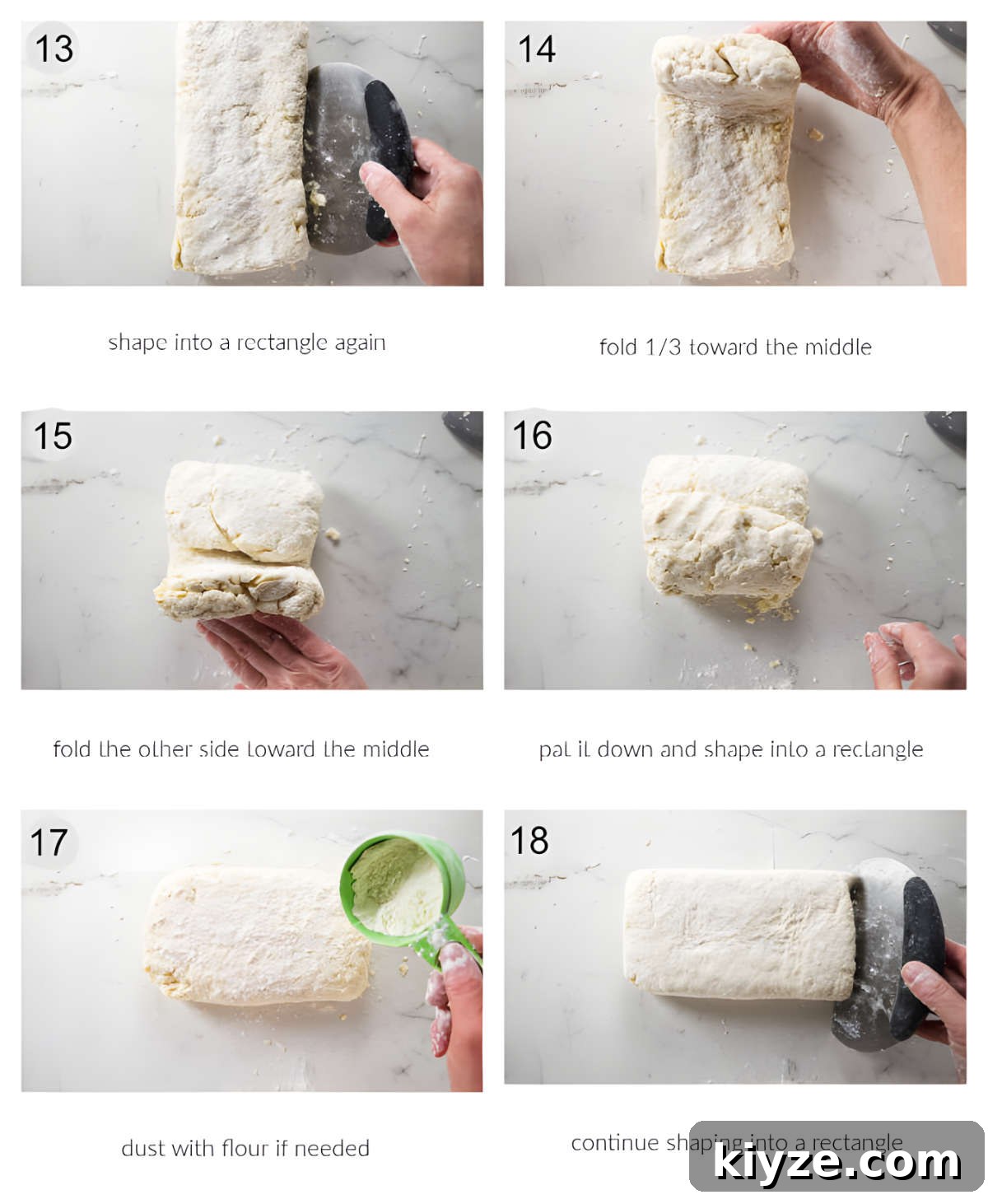 Flaky Sour Cream Biscuits Recipe for Perfect Homemade Biscuits 7 Six photos showing how to fold biscuit dough for layers.
