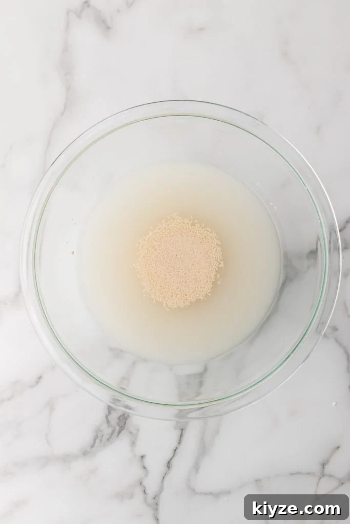 30-Minute Crusty Baguettes: Foolproof Recipe for Homemade Bread 5 activated yeast in a glass mixing bowl