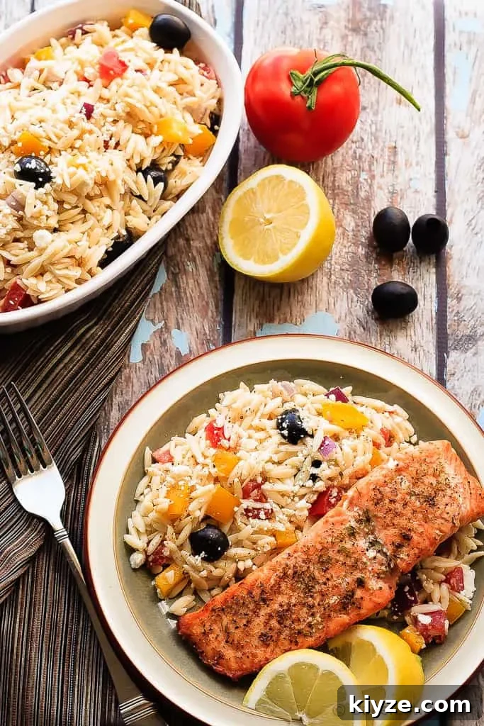 Crispy Salmon with Lemon-Garlic Greek Orzo Recipe 3 Crispy Salmon with Greek Orzo - quick and family-friendly