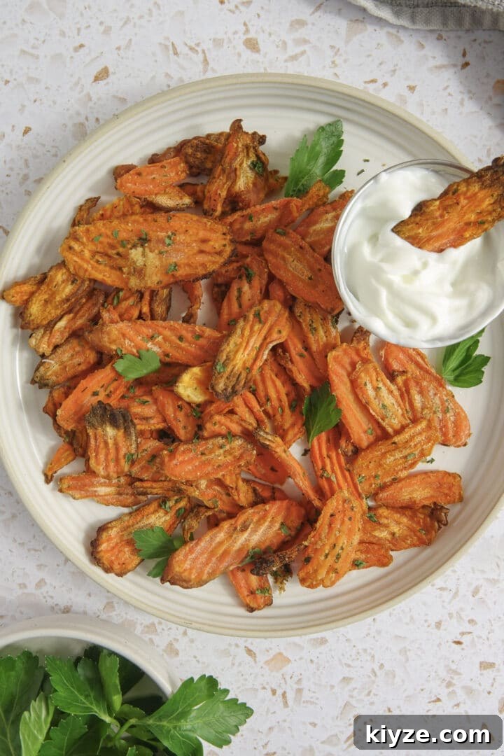 Crispy Air Fryer Carrot Chips Recipe 2 air fryer carrot chips on a plate with parsley
