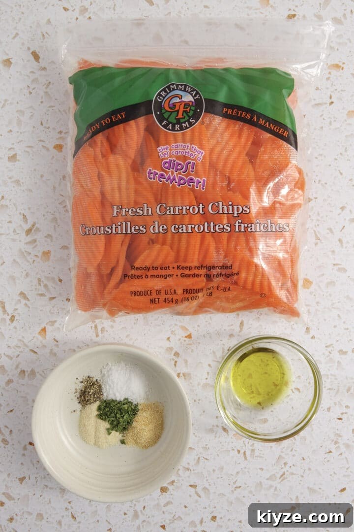 Crispy Air Fryer Carrot Chips Recipe 3 ingredients for air fryer carrot chips displayed on kitchen counter