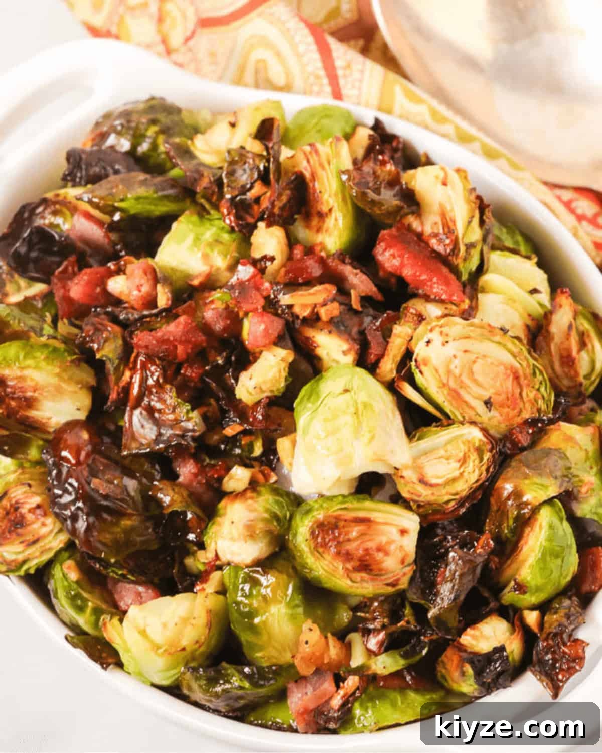 Crispy Roasted Brussels Sprouts with Prosciutto and Balsamic Glaze 6 The finished brussel sprouts with prosciutto.