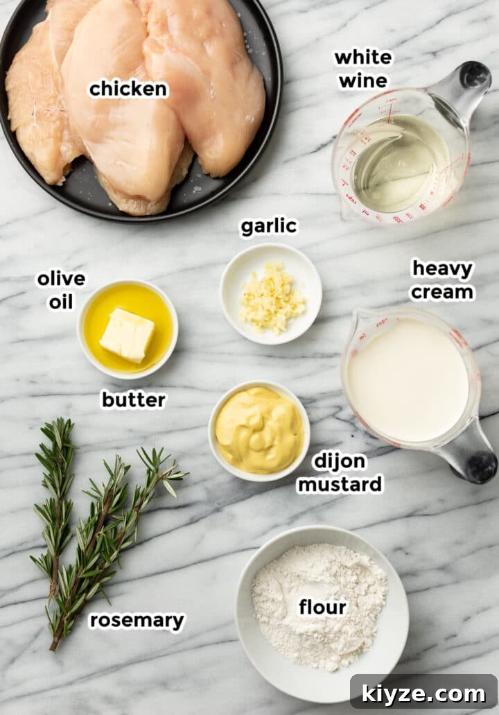 Creamy Dijon and Rosemary Chicken Skillet Recipe 3 ingredients for creamy dijon rosemary chicken in prep bowls and measuring cups