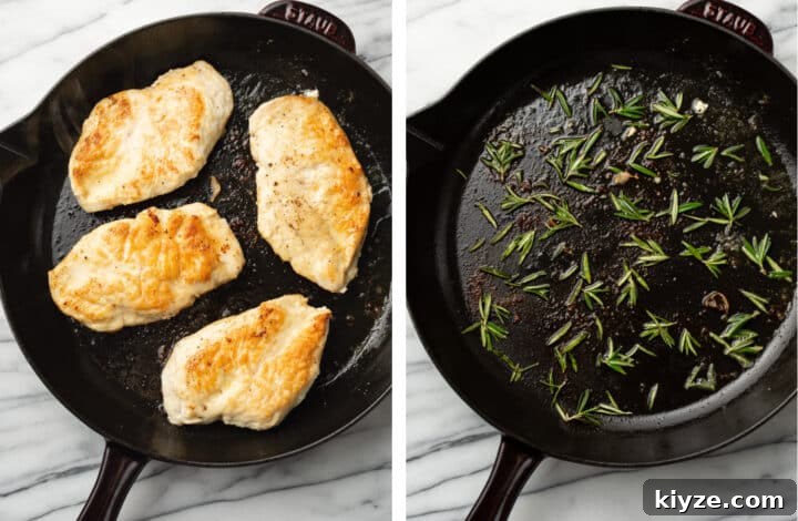 Creamy Dijon and Rosemary Chicken Skillet Recipe 4 pan searing chicken and then frying rosemary in a skillet