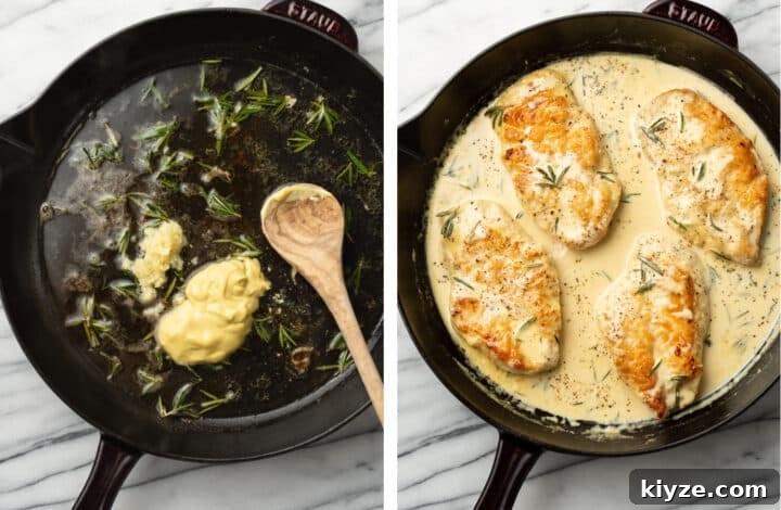 Creamy Dijon and Rosemary Chicken Skillet Recipe 5 making creamy sauce in a skillet for dijon rosemary chicken