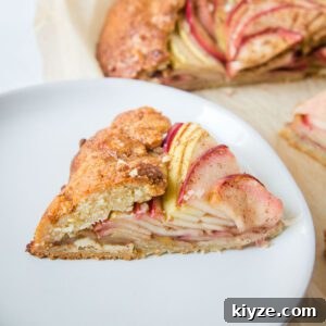 Side view of a slice of apple galette. You can see all the layers of apple slices.