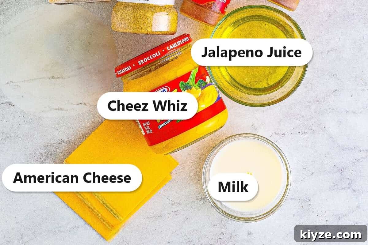 Labeled ingredients for copycat Taco Bell nacho cheese: Cheez Whiz, jalapeno juice, American cheese, and milk.