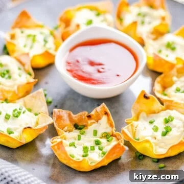 Square image of wontons on plate with dipping sauce in middle.
