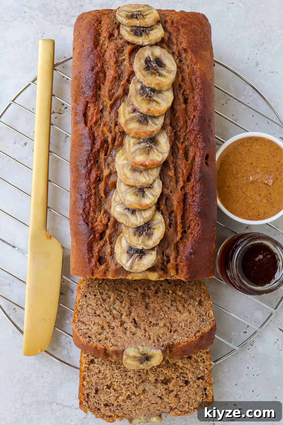 5-Ingredient Vegan Banana Bread Recipe 2 Banana bread on wire rack.