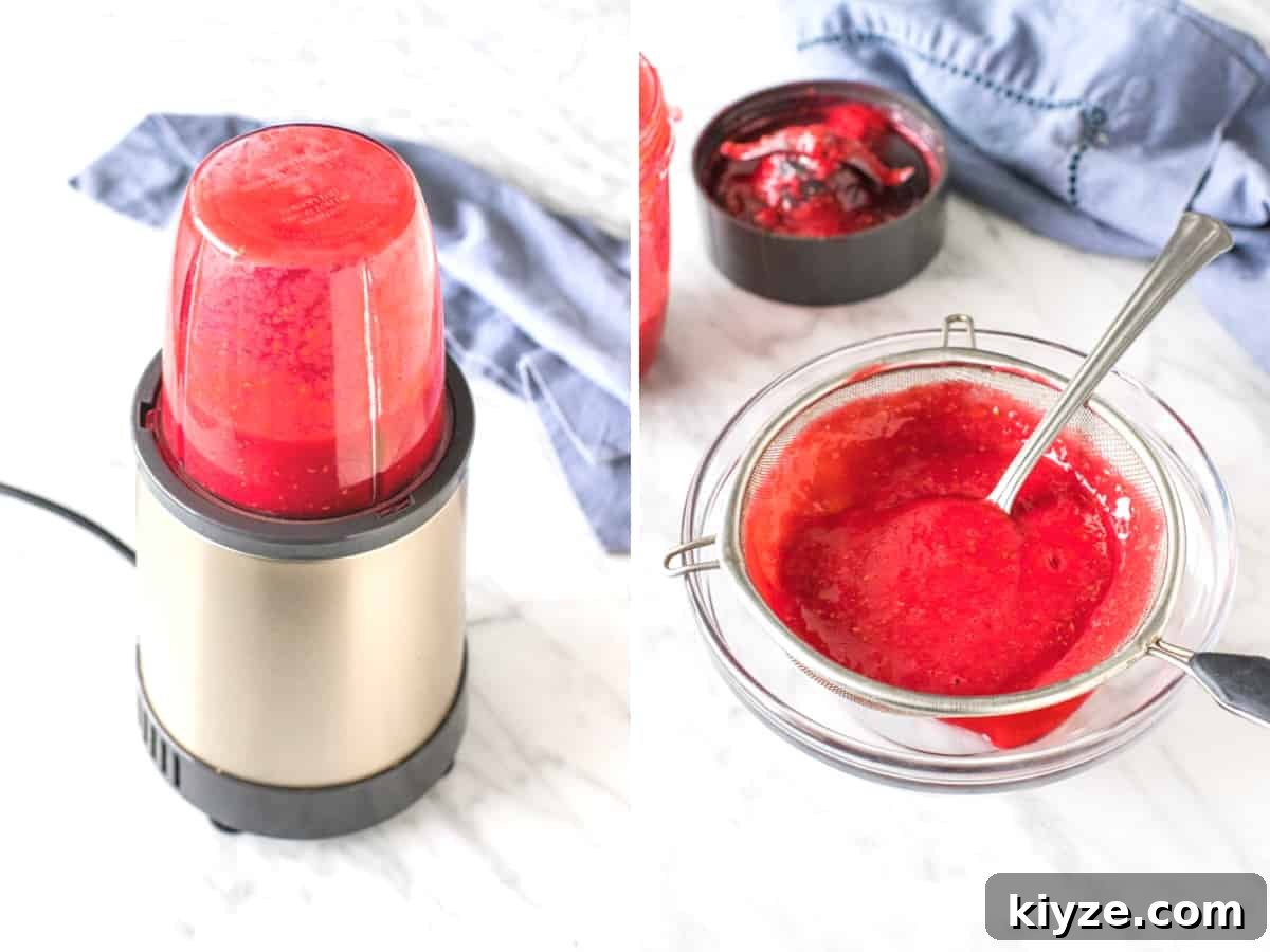 Raspberry Buttercream Frosting with Fresh or Frozen Berries 3 Blender of raspberries and raspberry puree poured through a sifter into a bowl