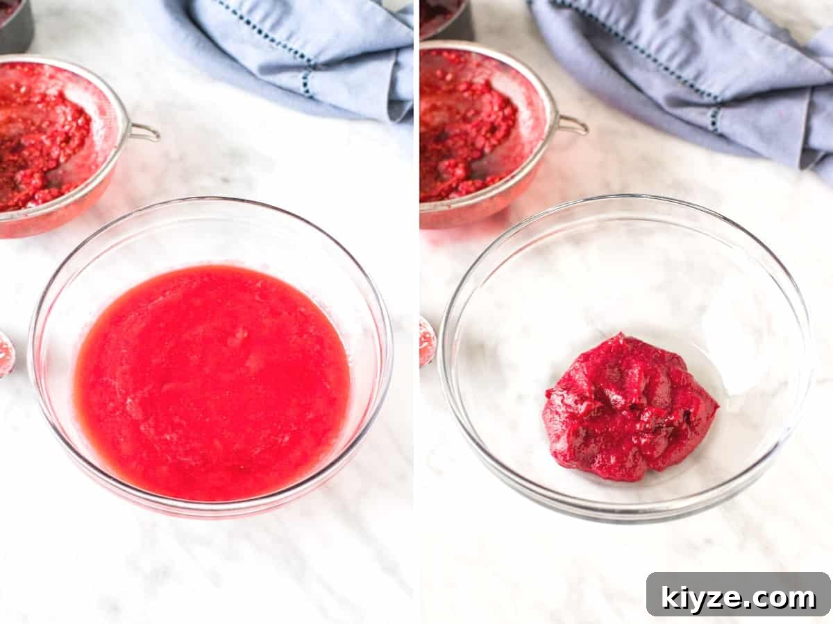 Raspberry Buttercream Frosting with Fresh or Frozen Berries 4 Bowl of raspberry puree and bowl of puree after being boiled down.