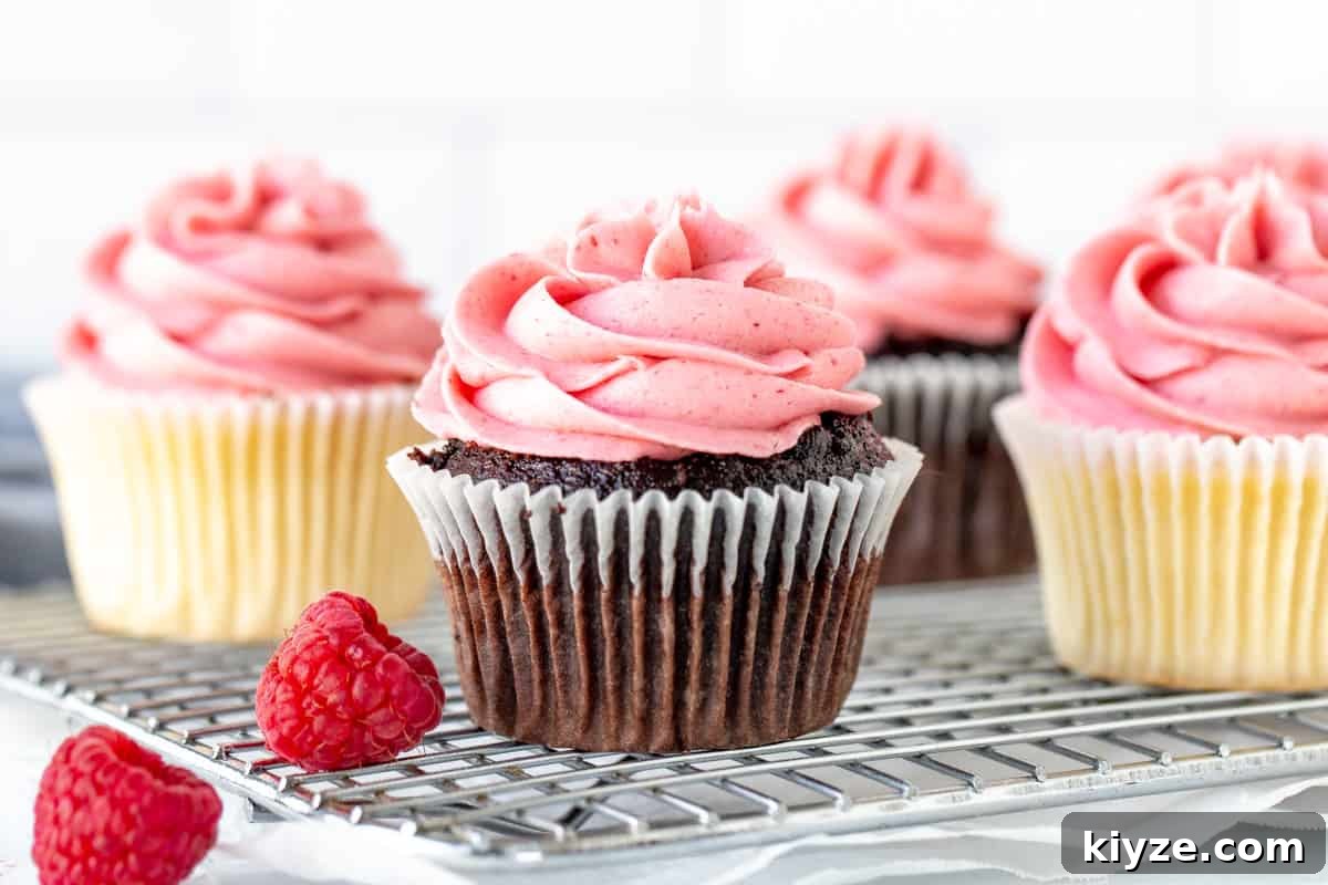Raspberry Buttercream Frosting with Fresh or Frozen Berries 6 Chocolate and vanilla cupcakes with raspberry buttercream frosting on baking rack