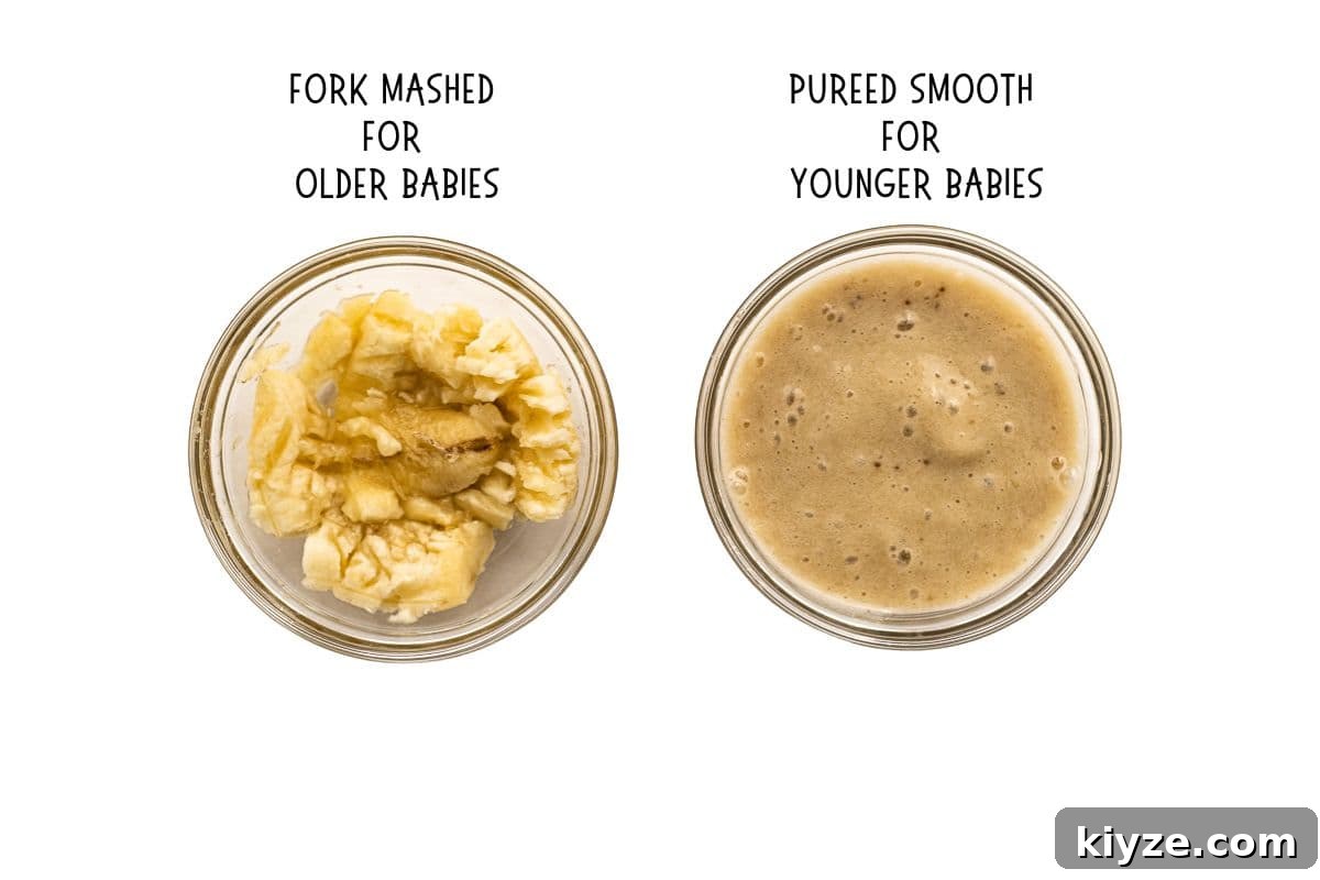 Quick 5-Minute Banana Puree Recipe for Babies 7 banana puree at two consistencies, smooth and chunky