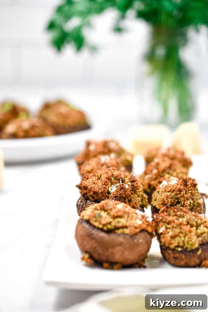 A line of mushrooms on a square plate with a round plate in the background