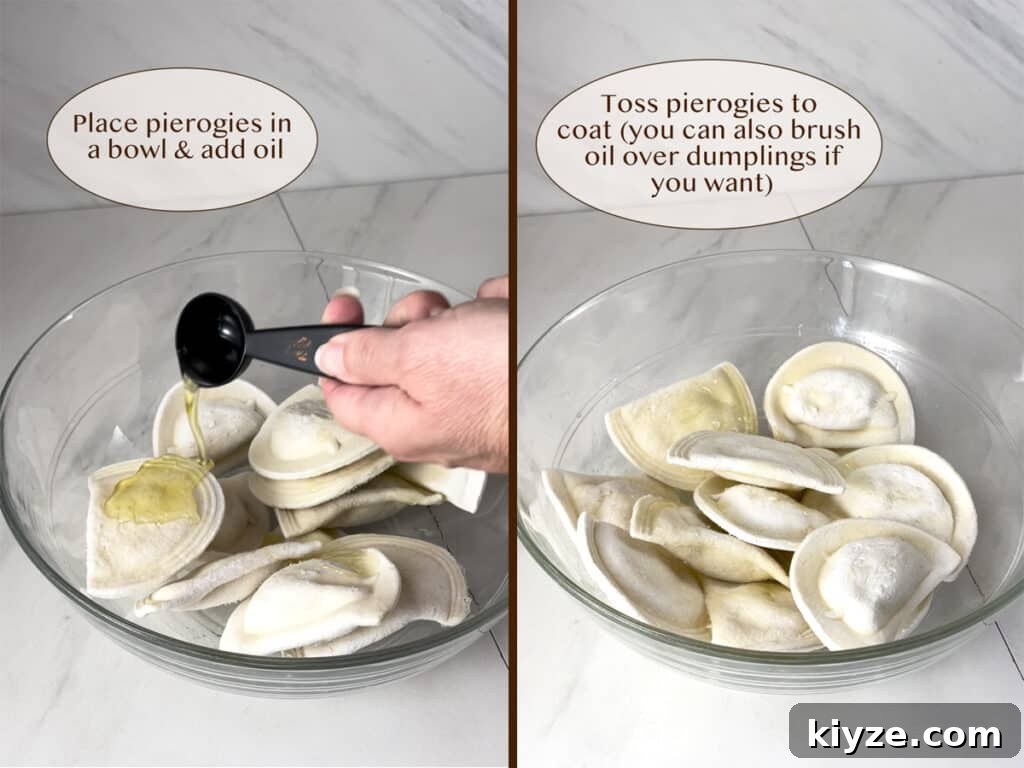 Crispy Air Fryer Pierogies with Garlic Butter Dipping Sauce 4 pouring oil on frozen pierogies in a glass bowl on left and tossed in the oil on right.