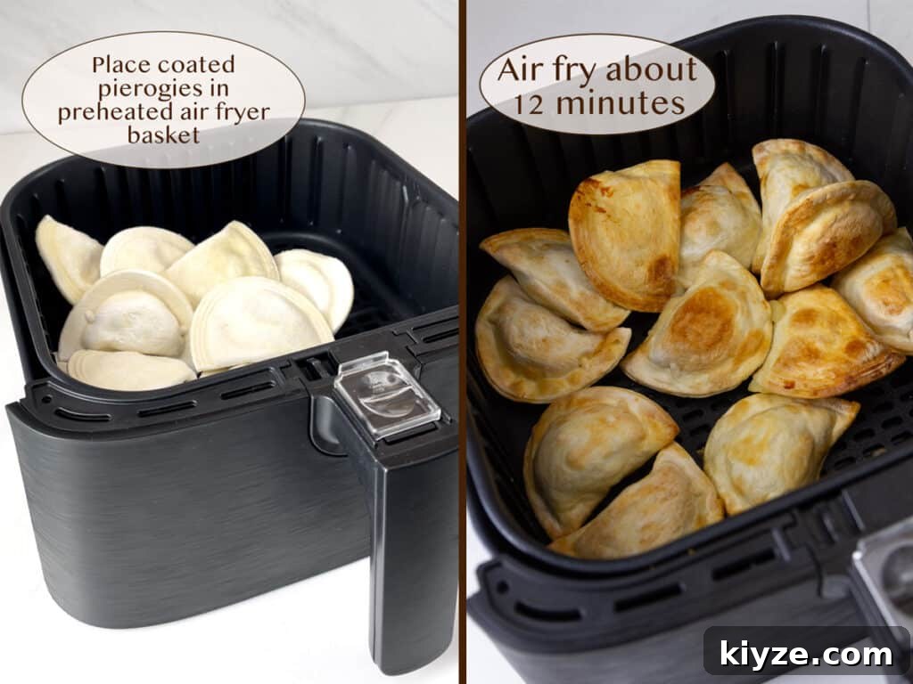 Crispy Air Fryer Pierogies with Garlic Butter Dipping Sauce 5 frozen pierogies in the basket of an air fryer on left and cooked in the basket on right.