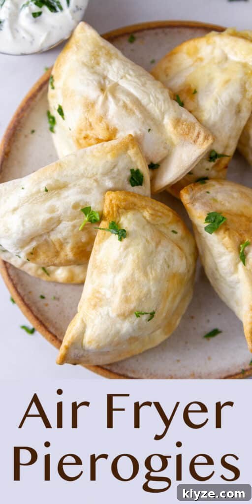 Crispy Air Fryer Pierogies with Garlic Butter Dipping Sauce 8 5 pierogies on a plate in a fan shape, a cup of ranch next to them.