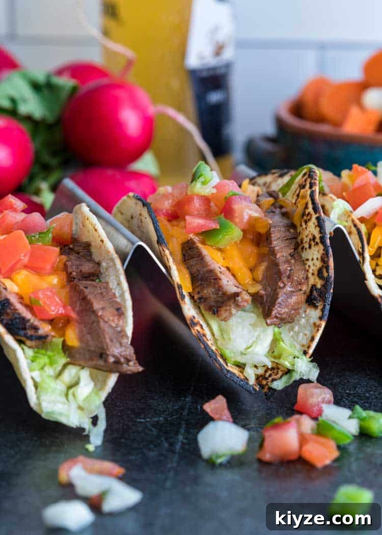 Cilantro-Lime Flank Steak Tacos with Charred Onions 6 Flank Steak Tacos with radishes and salsa
