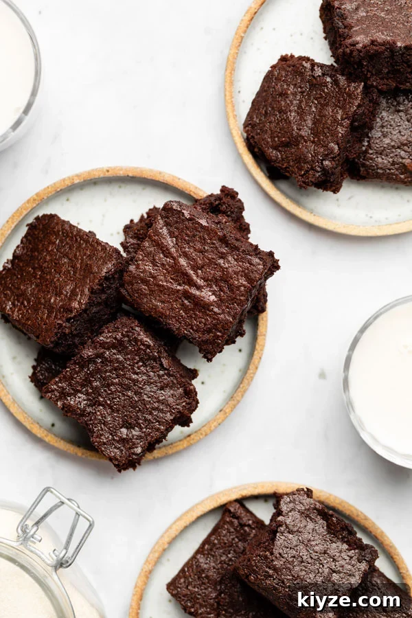One-Bowl Fudgy Gluten-Free Brownies Recipe 12 overhead shot of fudgy gluten free brownies on 3 different small plates
