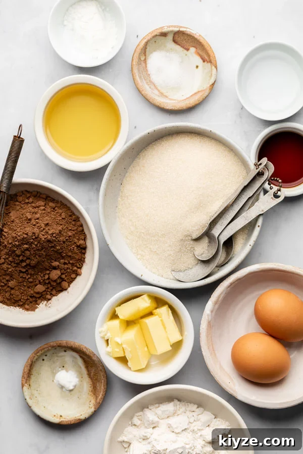 One-Bowl Fudgy Gluten-Free Brownies Recipe 5 Important ingredients for fudgy brownies including eggs, butter, cocoa powder, sugar, milk, gf flour and sugar