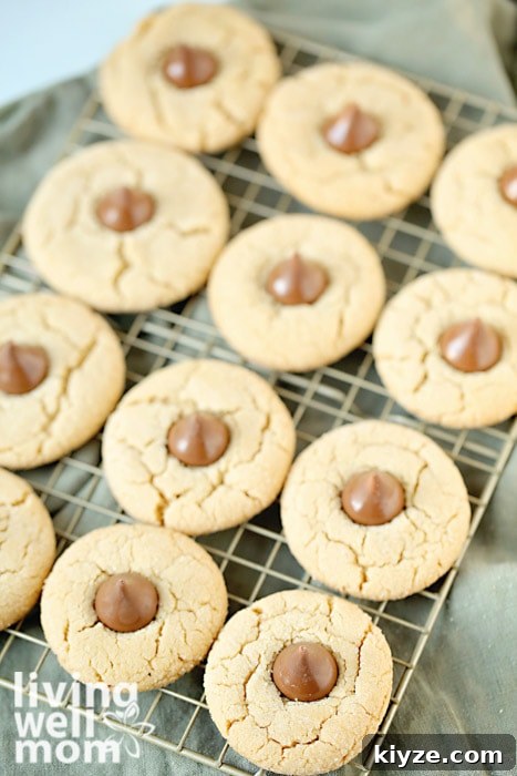 Gluten-Free Peanut Butter Blossom Cookies — Video Recipe & Tips 5 gluten-free peanut butter blossom cookies on a wire rack