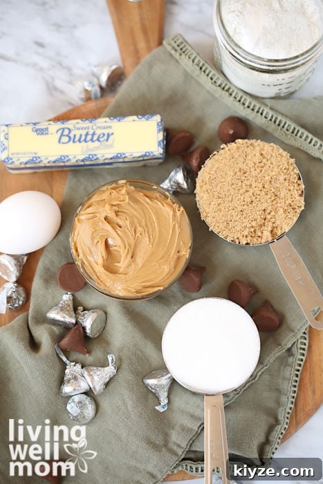 Gluten-Free Peanut Butter Blossom Cookies — Video Recipe & Tips 6 ingredients for peanut butter blossoms - peanut butter, butter, sugar, flour