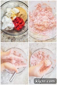This Raspberry Cheesecake Truffles Recipe is super simple and great for baby showers, Valentine's Day, or as a gift for a friend or neighbor. The truffles are filled with fresh raspberries, whipped topping, cream cheese, graham crackers then covered in dark or white chocolate. This dessert is ready in about an hour, make ahead and freezer friendly! #desserts #recipe #ValentinesDay Prep image collage showing truffle ingredients in a bowl being combined then rolled into balls.
