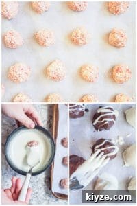 This Raspberry Cheesecake Truffles Recipe is super simple and great for baby showers, Valentine's Day, or as a gift for a friend or neighbor. The truffles are filled with fresh raspberries, whipped topping, cream cheese, graham crackers then covered in dark or white chocolate. This dessert is ready in about an hour, make ahead and freezer friendly! #desserts #recipe #ValentinesDay Prep image showing truffles on a cookie sheet then being coated in chocolate and decorated.