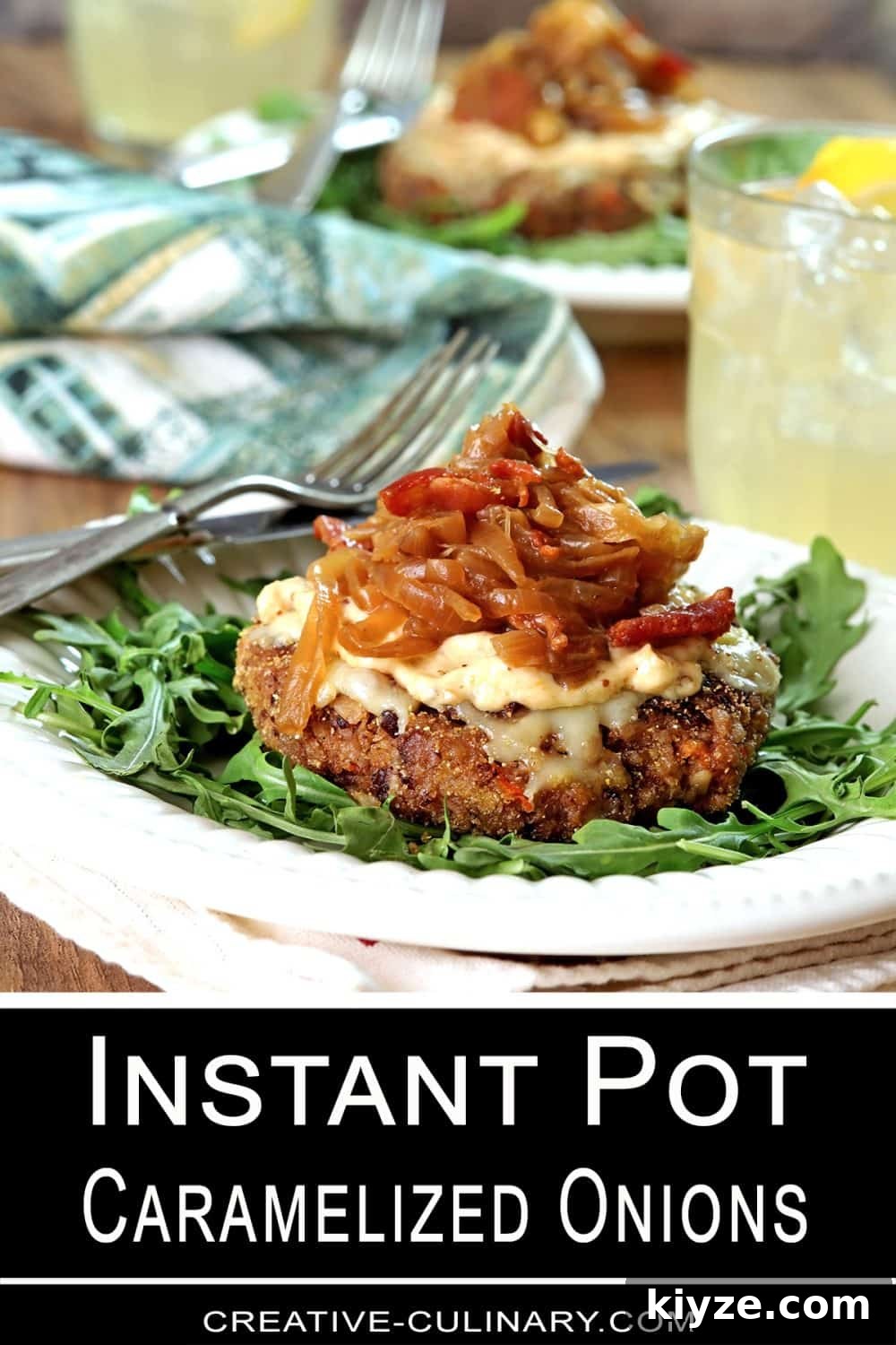 Instant Pot Caramelized Onions: Quick, Deeply Sweet Results 8 Pin for Caramelized Onions top a Veggie Burger that's served on top of a bed of lettuce.