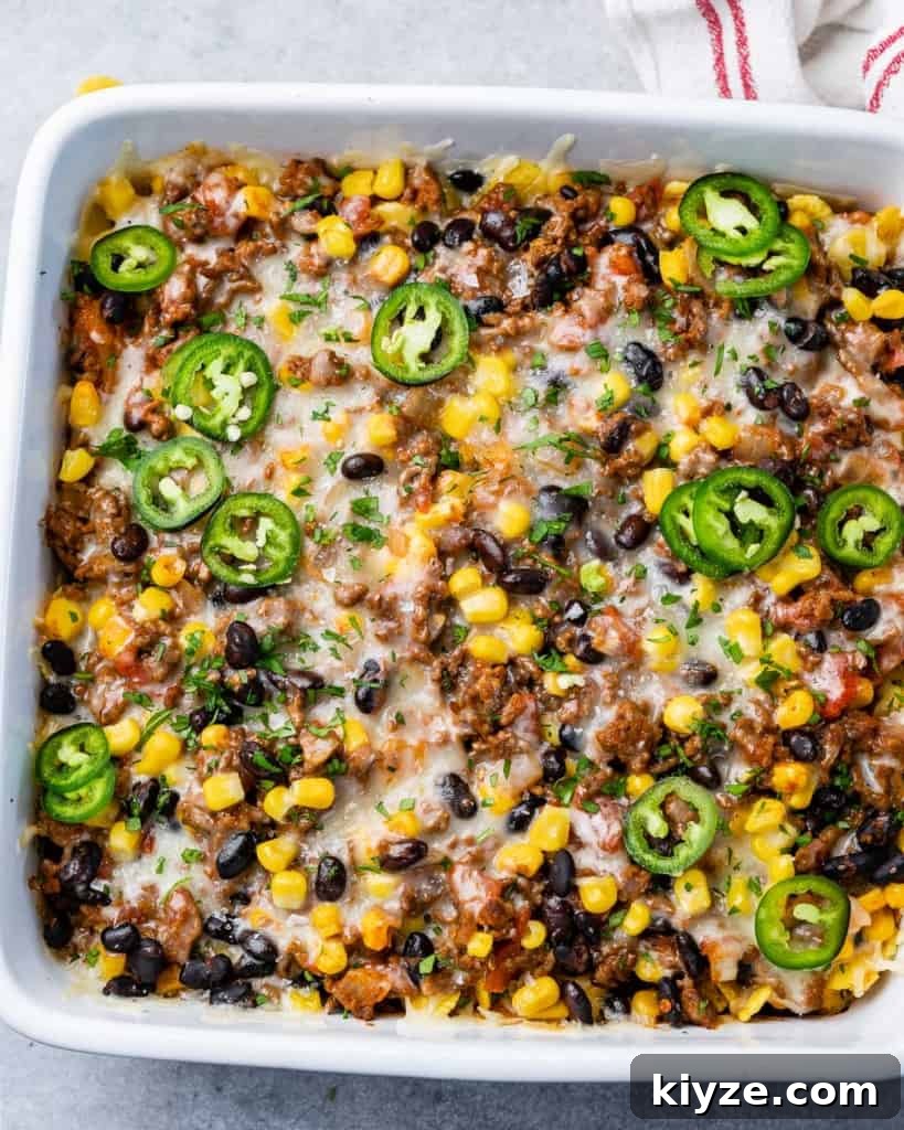 Cheesy Taco Casserole: One-Pan Mexican Dinner Recipe 10 top view of taco casserole dish
