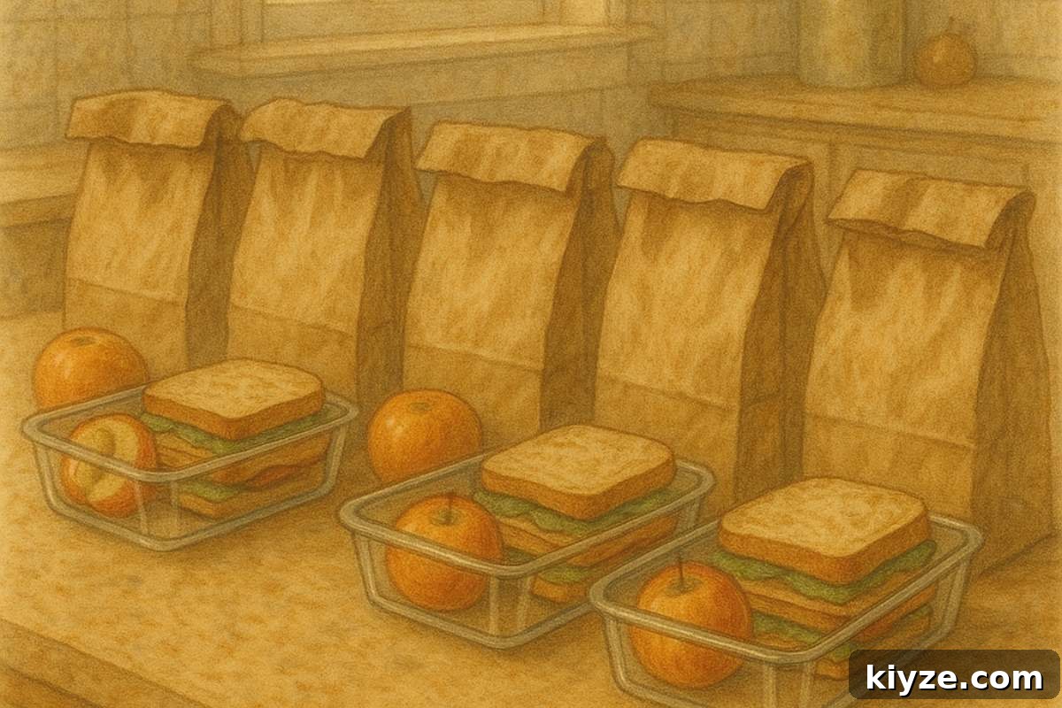 Realistic Meal Prep for Homemakers: Practical Plans That Save Time 2 Five paper lunch bags with sandwiches and oranges on a kitchen counter.