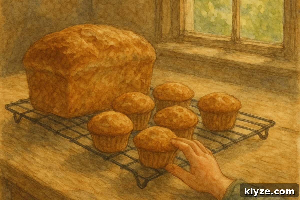 Realistic Meal Prep for Homemakers: Practical Plans That Save Time 4 A loaf of bread and six muffins on a cooling rack near a window.