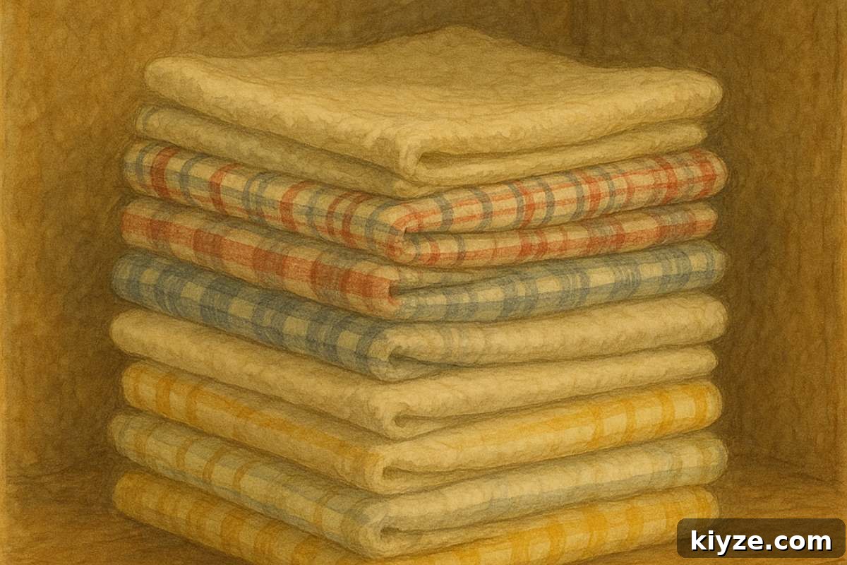 Realistic Meal Prep for Homemakers: Practical Plans That Save Time 5 A stack of folded checkered kitchen towels in red, blue, and yellow.