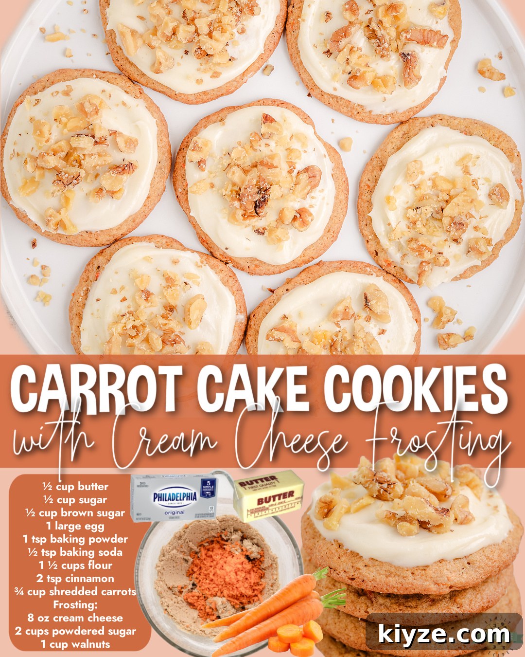 Carrot Cake Cookies with Cream Cheese Frosting Recipe 7 Carrot Cake Cookies made from scratch with butter, sugar, egg, shredded carrots & cinnamon, then topped with cream cheese frosting and walnuts! Perfect for Easter!