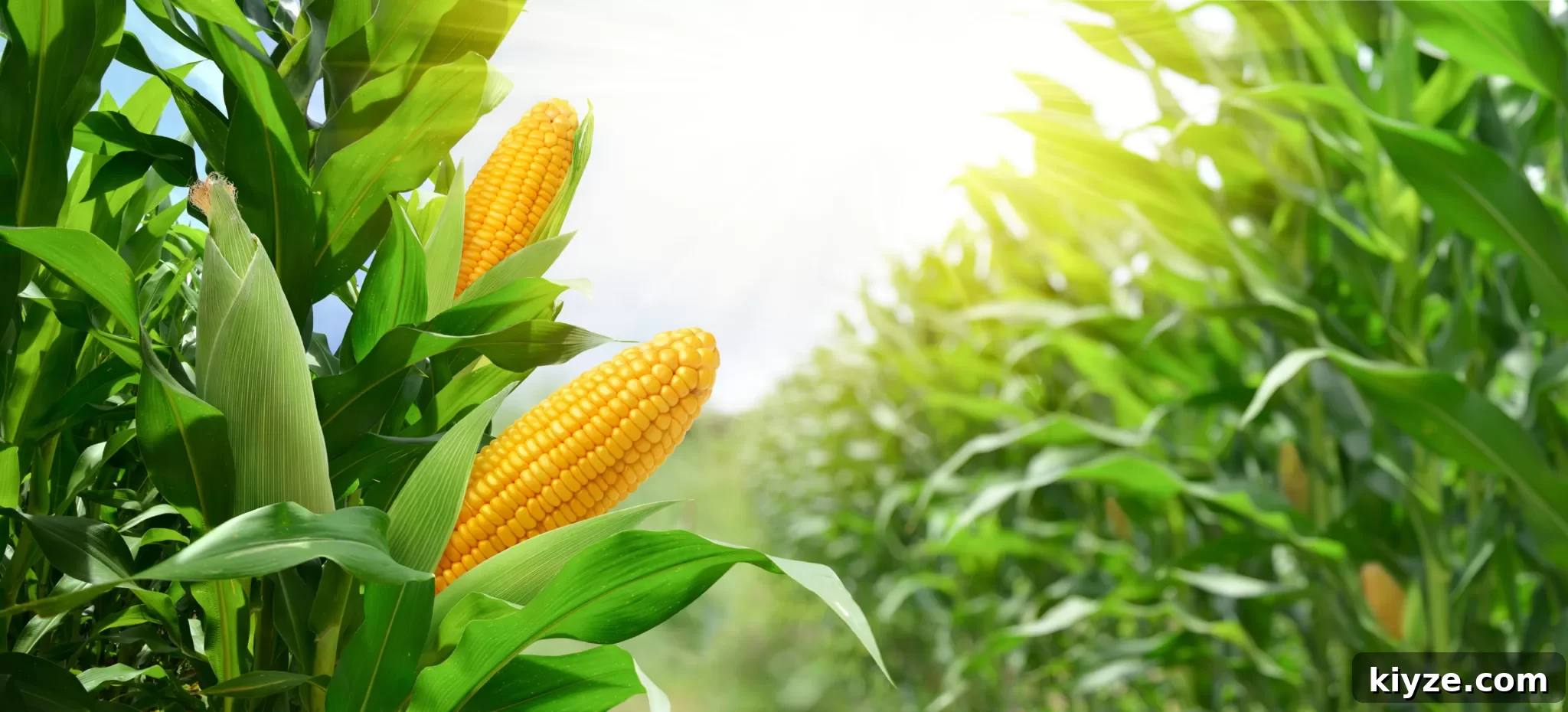 Is Corn a Fruit, Vegetable, or a Grain? 2 A couple ears of corn on the cob in a corn field on a sunny day.
