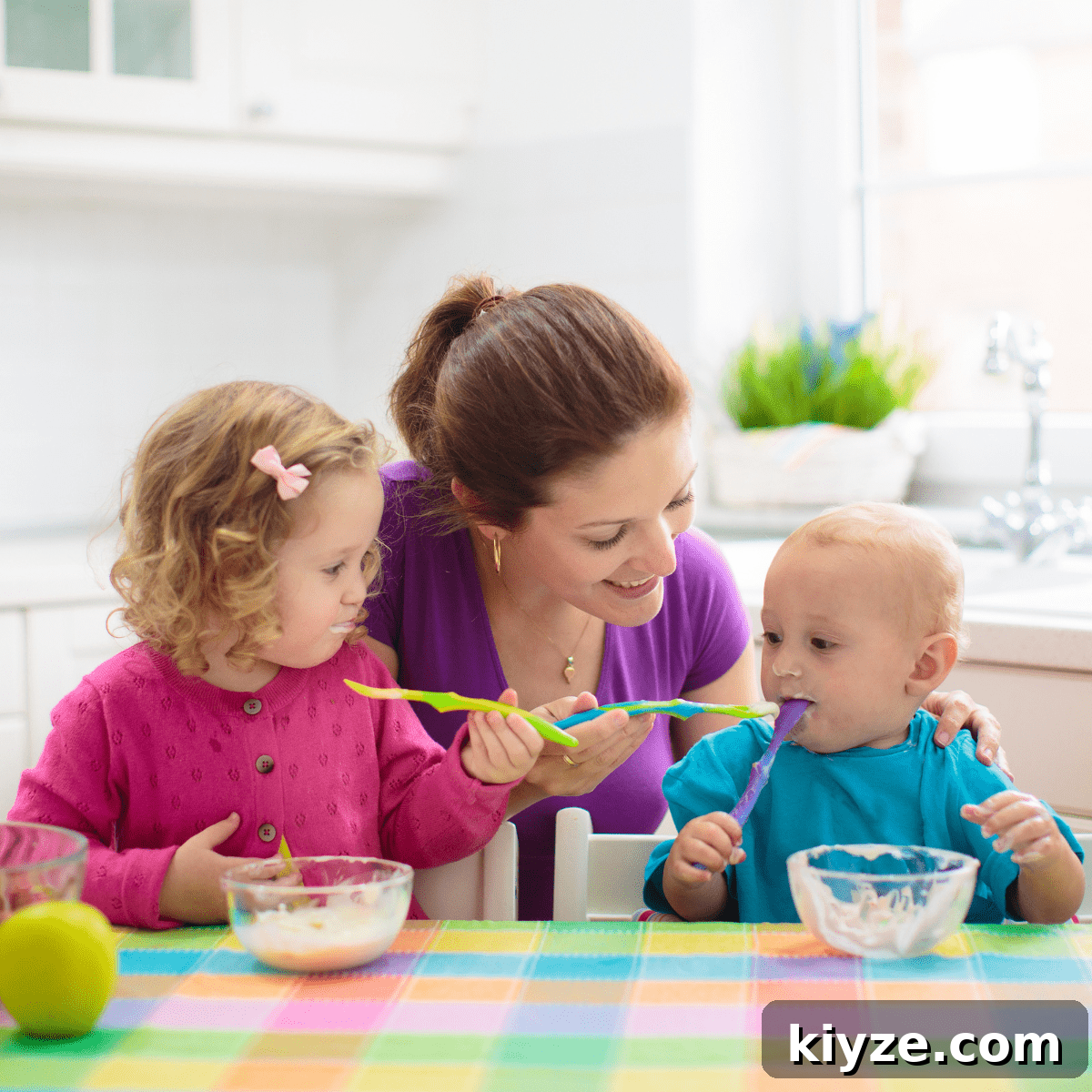 Prevent Toddler Grazing: Simple Strategies to Curb Constant Snacking 4 Mom at table with two children eating with plastic spoons from glass bowls.