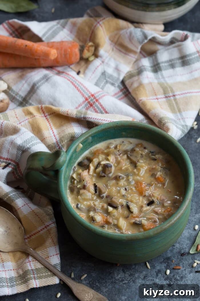 Creamy Turkey and Wild Rice Soup Recipe for Leftovers 4 One-pot Turkey Wild Rice Soup ready to serve, easy and satisfying.