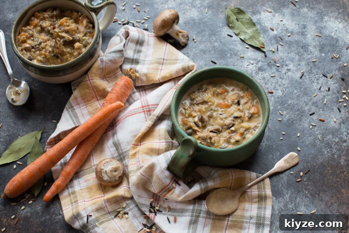 Creamy Turkey and Wild Rice Soup Recipe for Leftovers 6 Close-up of Turkey Wild Rice Soup showing tender turkey and wild rice.