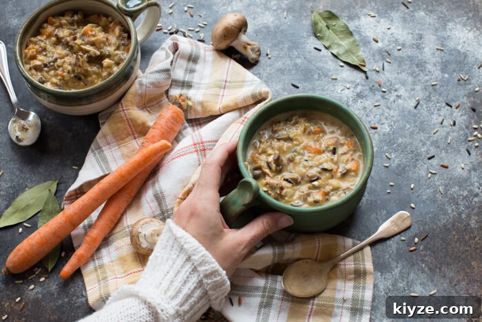 Creamy Turkey and Wild Rice Soup Recipe for Leftovers 7 Serve a warm bowl of Turkey Wild Rice Soup for a cozy meal.